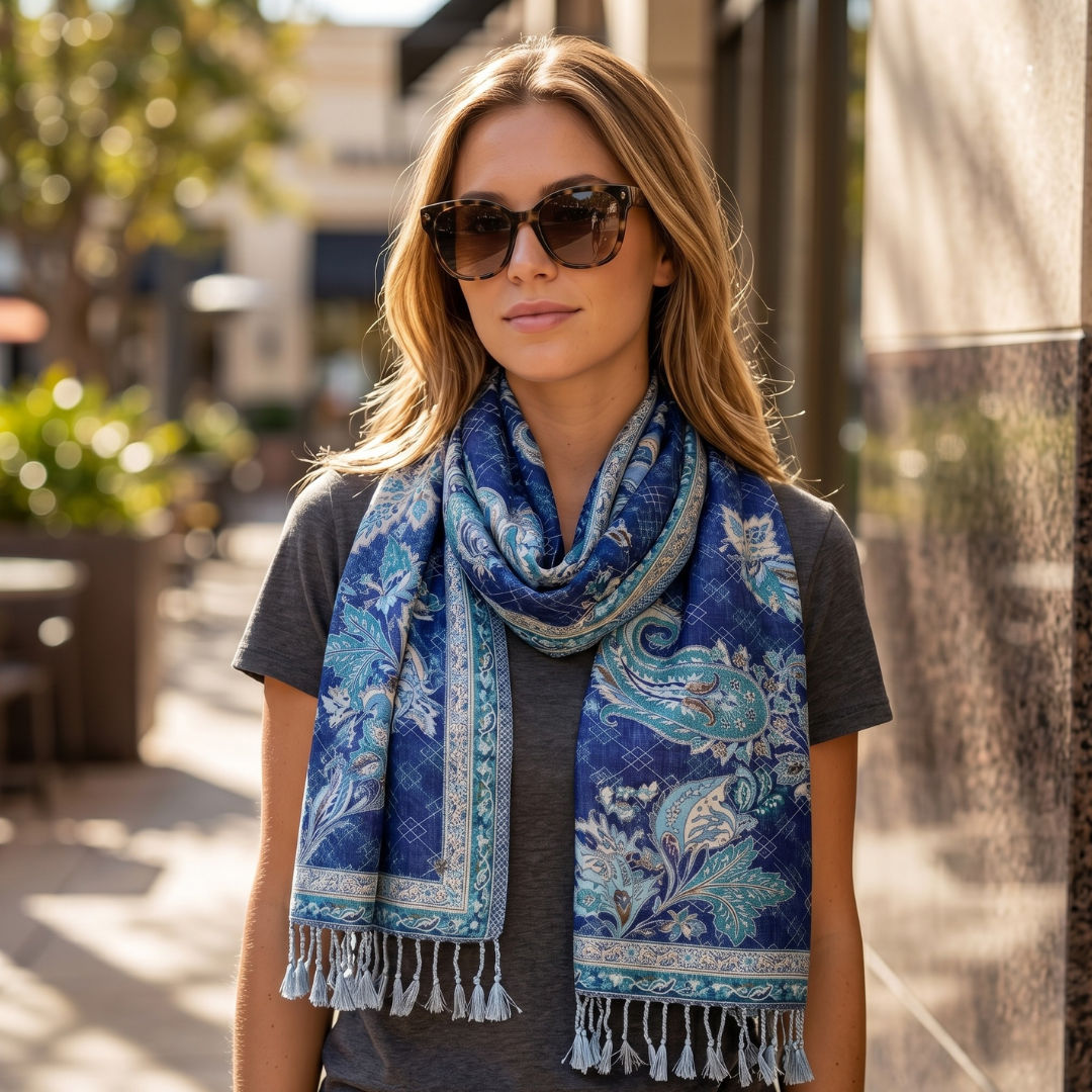Abstract Paisley Blue Jacquard Shawl